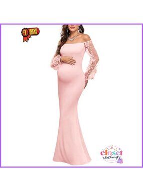 Off-Shoulder Maternity Evening Gown 3D Floral Mesh Sleeves Mermaid Maxi Dress